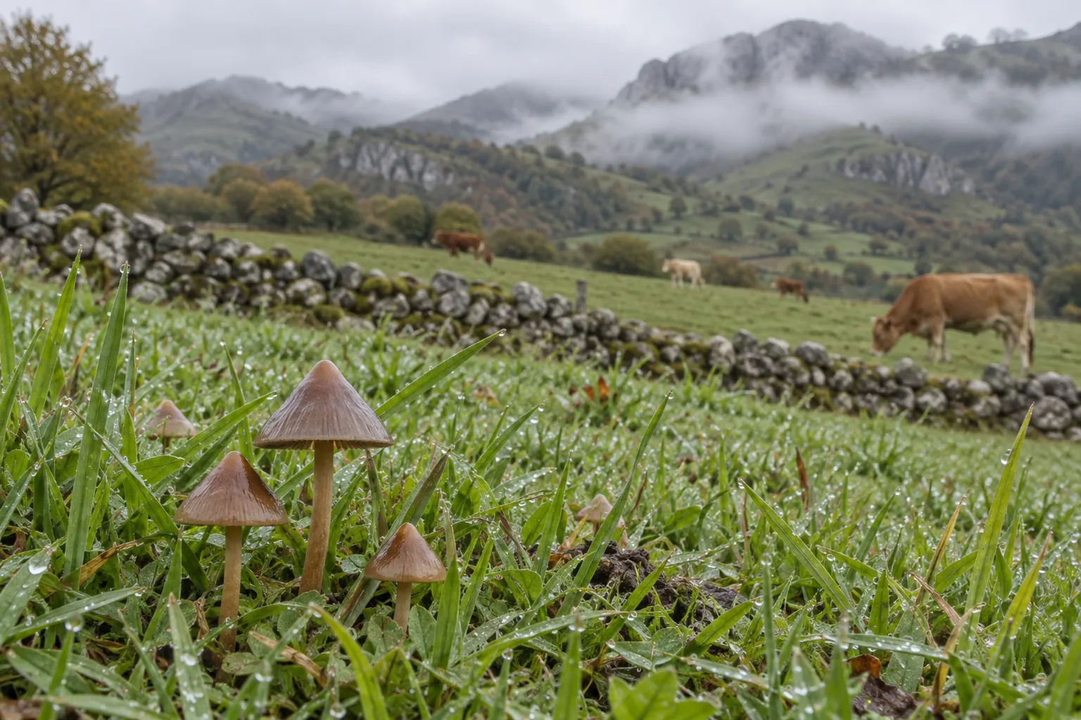 Pasto de montaña en el norte de España en otoño, con pequeñas setas de sombrero cónico entre la hierba